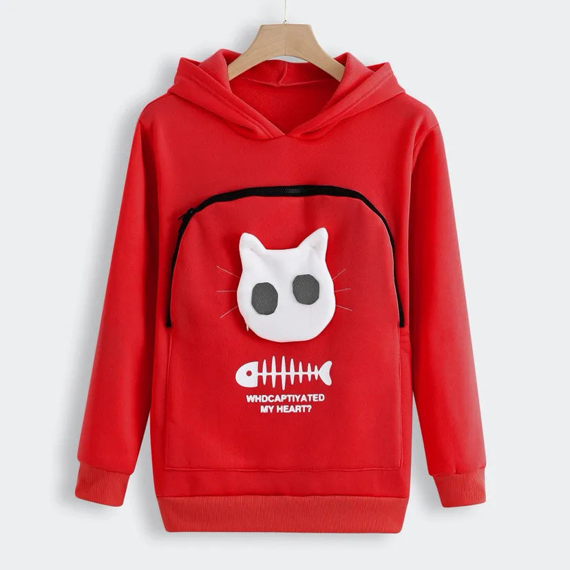 Cat Pouch Hoodie Women Winter Fleece Sweatshirt Large Pet Carrier Pocket Oversized Warm Soft Pullover Christmas Gift Cat
