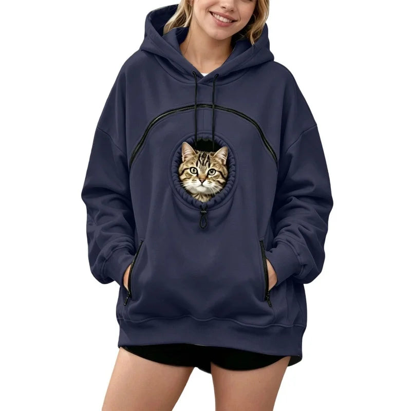 Women Pet Carrier Hoodie Long Sleeve Cat Warm Pullover Hooded Sweatshirt With Cat Pocket Oversized Pet Holding Drawstring Hoodie