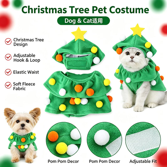 Christmas Dog Cat Costume Xmas Tree Outfit Warm Hooded Adjustable Puppy Kitten Clothes Funny Festive Pet Dress WinterSweaterCoat