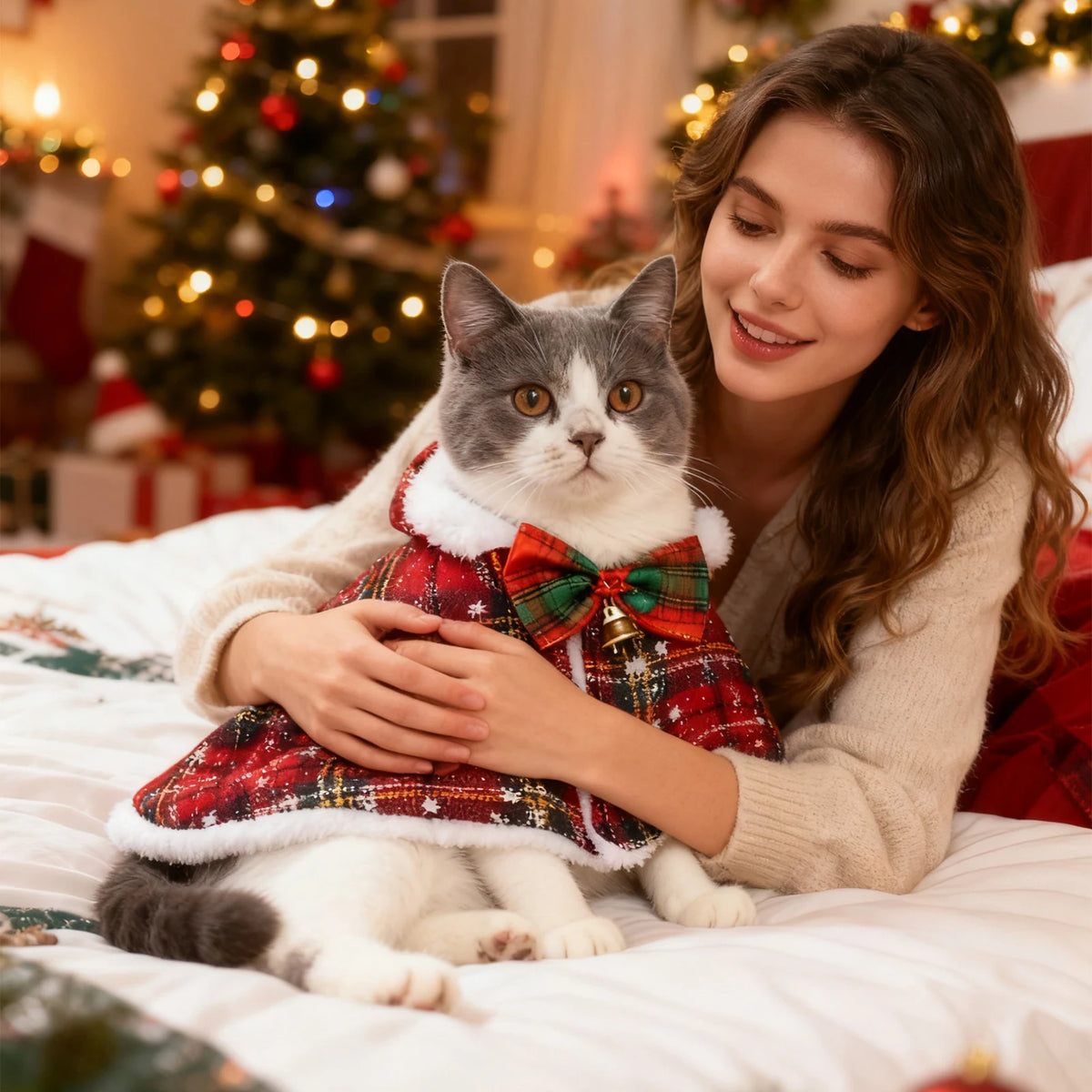 Pet Christmas Cape Christmas Plaid Pet Cape with Hood Festive Cosplay Cloak Warm Fleece Lined Costume for Dogs Cats Accessories