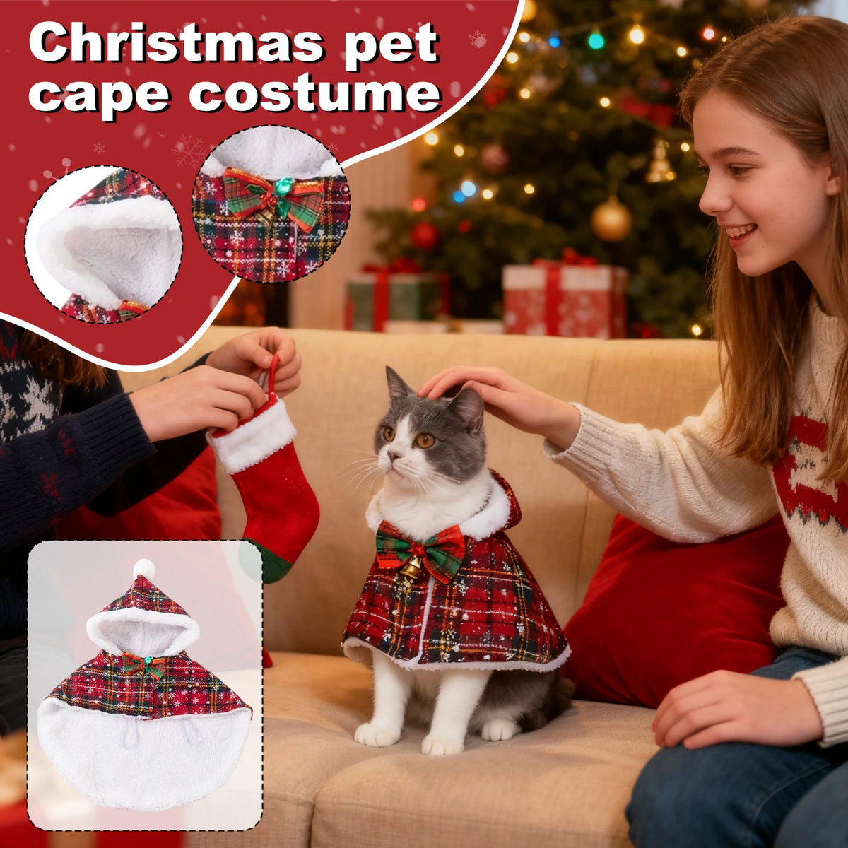 Pet Christmas Cape Christmas Plaid Pet Cape with Hood Festive Cosplay Cloak Warm Fleece Lined Costume for Dogs Cats Accessories