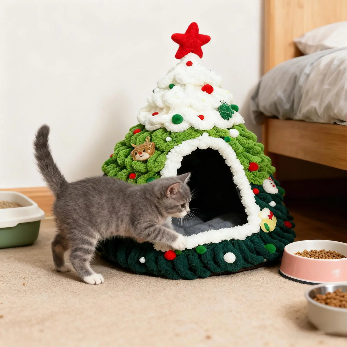 Christmas Cat House Tree Design Knit Warm Nest Cat Christmas Tree For Kitten Small Pet Indoor Outdoor Home Winter Sleeping