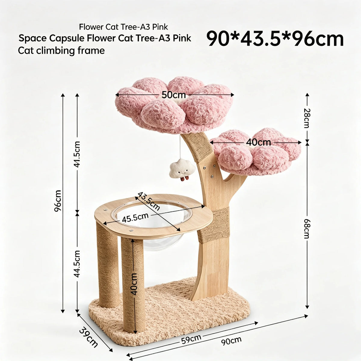 105cm Tall Pink Flower Cat Tree Tower with Scratching Post Wood Branch Cat Cushioned Bed Hanging Ball Toy Cat Scratching Post