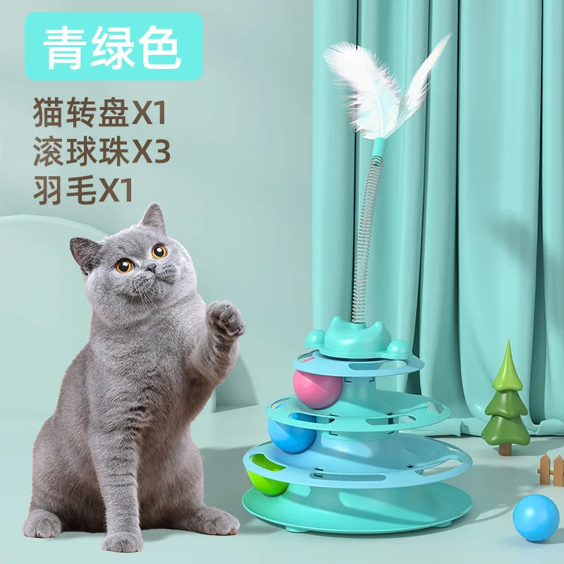 Cat Turntable Track Toy 4 Level Tower Interactive Play Toy With Feather Teaser For Kitten Cat