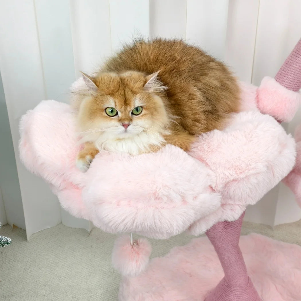 105cm Tall Pink Flower Cat Tree Tower with Scratching Post Wood Branch Cat Cushioned Bed Hanging Ball Toy Cat Scratching Post