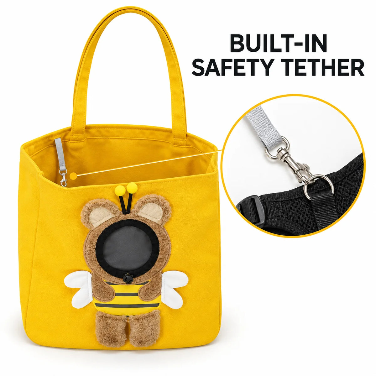 Pet Carrier Tote Bag for Cats and Small Dogs, Cute Plush Head-Out Shoulder Bag with Safety Tether, Foldable for Travel & Walking