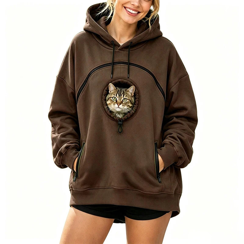 Women Pet Carrier Hoodie Long Sleeve Cat Warm Pullover Hooded Sweatshirt With Cat Pocket Oversized Pet Holding Drawstring Hoodie