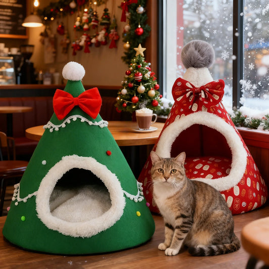 Creative Christmas Tree Cat Nest Winter Thicken Warmth Semi-closed Pet House Wtih Detachable Cushion Christmas Pet Supplies 숨숨집