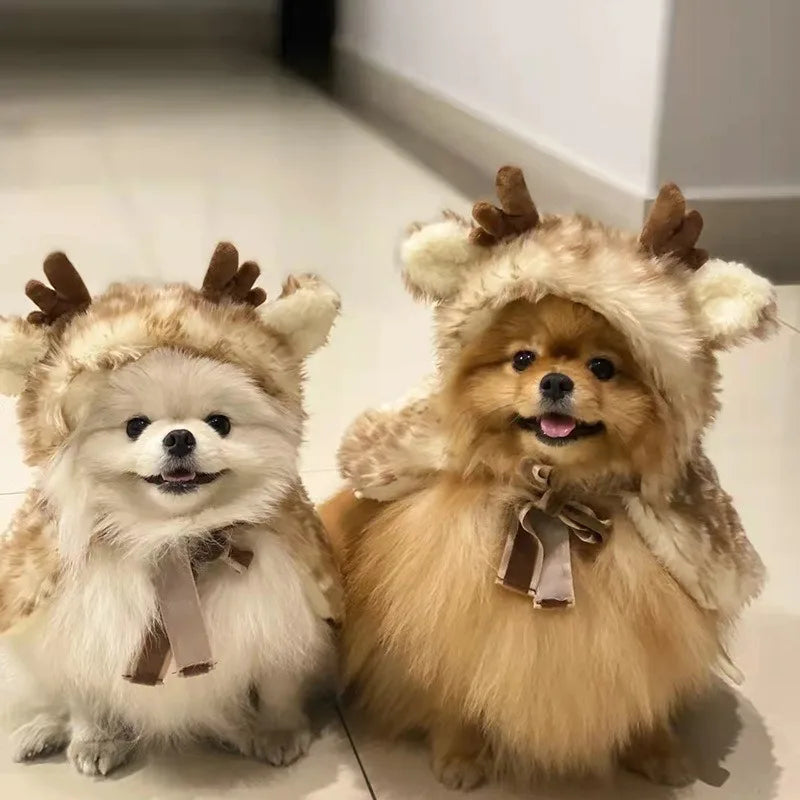 Christmas Pet Reindeer Cape Costume Outfit Hat Accessory For Dogs Cats Holiday Party Dress Up Pet Transform Decorative Supplies