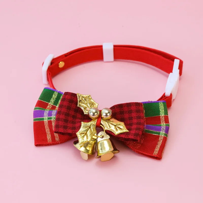Christmas Pet Collar with Bow Tie Bells, Adjustable Breakaway Cat Dog Collar, Xmas Holiday Neck Decoration for Small Medium Pets