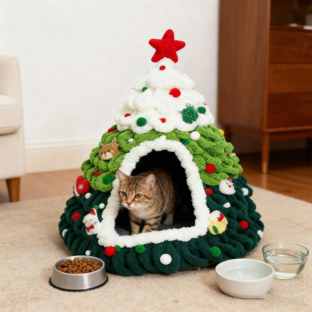 Christmas Cat House Tree Design Knit Warm Nest Cat Christmas Tree For Kitten Small Pet Indoor Outdoor Home Winter Sleeping