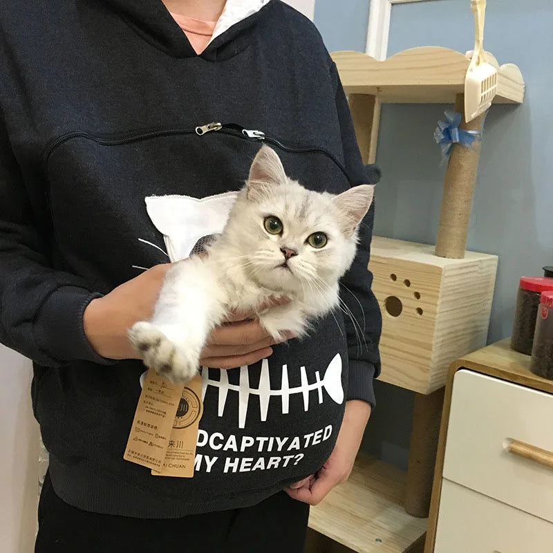 Cat Pouch Hoodie Women Winter Fleece Sweatshirt Large Pet Carrier Pocket Oversized Warm Soft Pullover Christmas Gift Cat