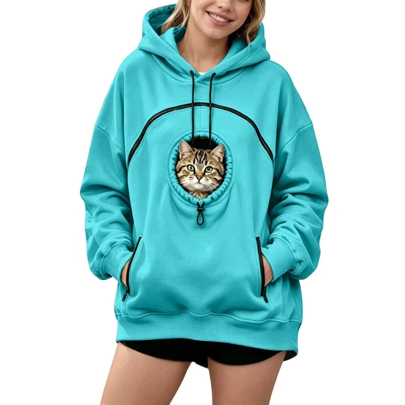 Women Pet Carrier Hoodie Long Sleeve Cat Warm Pullover Hooded Sweatshirt With Cat Pocket Oversized Pet Holding Drawstring Hoodie
