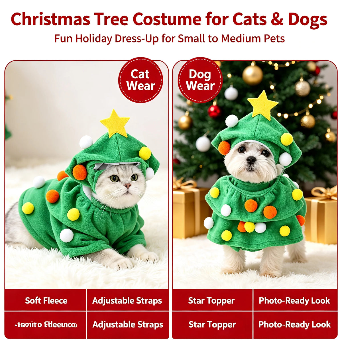 Christmas Dog Cat Costume Xmas Tree Outfit Warm Hooded Adjustable Puppy Kitten Clothes Funny Festive Pet Dress WinterSweaterCoat