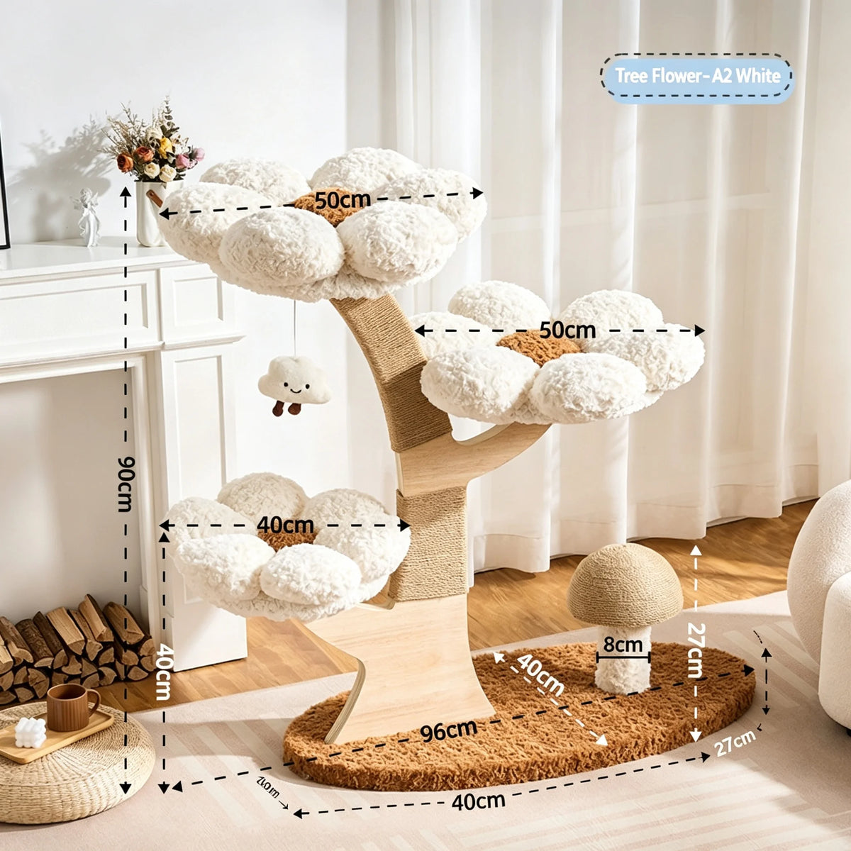 105cm Tall Pink Flower Cat Tree Tower with Scratching Post Wood Branch Cat Cushioned Bed Hanging Ball Toy Cat Scratching Post